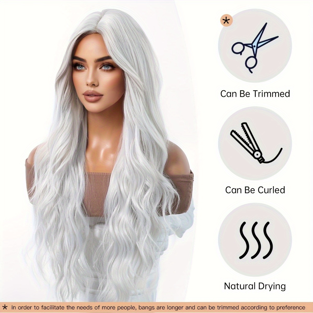 Hair Care Brand - 安信ブランド合成繊維ウィッグ：シルバーホワイトの自然な大きなウェーブのかかったロングカールヘアスタイル、髪の毛は滑らかで光沢があり、質感はダイナミックで軽量です。 高品質の合成繊維素材で作られており、快適な着用感、肌に優しく、お手入れが簡単です。 大人の女性の日常のファッションスタイリング、目を引くパーティー衣装、コスプレキャラクターの再現、ゴシック/レトロをテーマにした衣装、トレンディなアイテムに適しています。
