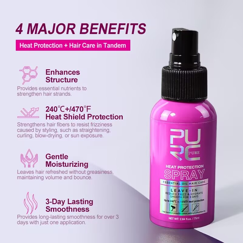 Hair Care Heat Protectant - PURC ヒートプロテクトスプレー ココナッツオイル くせ毛抑制＆ツヤ出し 全髪質対応 最大470度まで熱保護