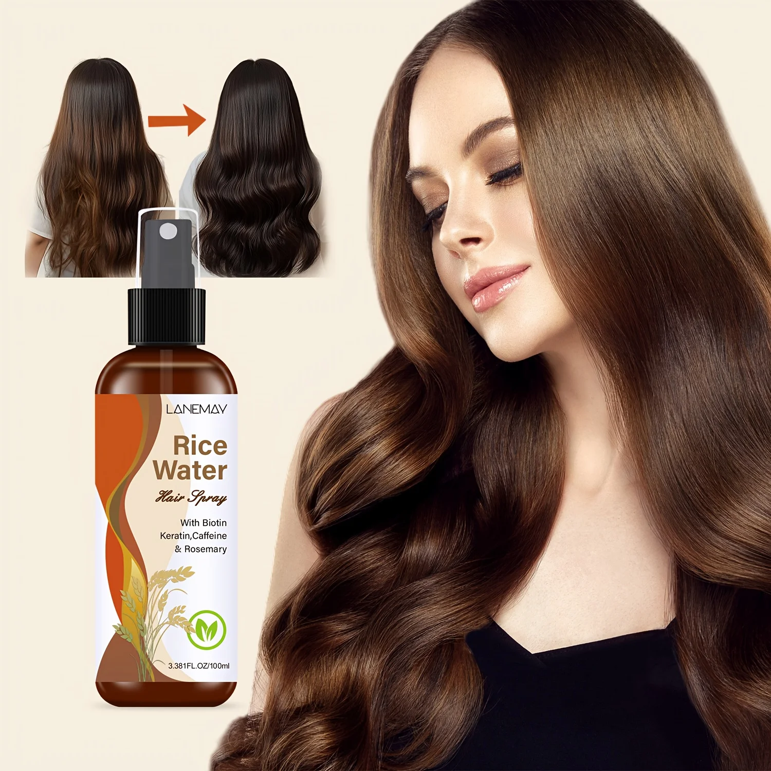 Hair Care Vitamin - 米ぬかヘアスプレー - ビオチン、ケラチン、カフェイン、ローズマリー配合、髪を滑らかにし、もつれを軽減し、あらゆる髪質に輝きを与える