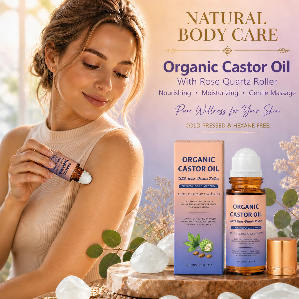 Castor Oil Cold Press - オーガニックキャスターオイルローラー（ローズクォーツローラー付き）コールドプレスヘキサンフリーモイスチャライジングボディスキンケアオイル50ml