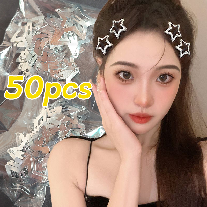 Bobby Pin Bulk - 50 個 Y2K シルバーヘアクリップ女性ガールズメタルスター帽子バレッタ甘いパンクスナップボビーピンヘアクリップアクセサリー